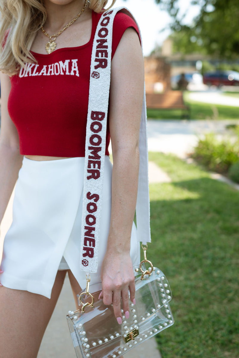 White crimson Boomer sooner beaded bag strap stadium approved clear stadium bag