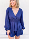 Textured V Neck Romper - Navy