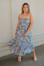 floral midi dress, colorful midi dress, blue midi dress, strapless dress, floral strapless dress