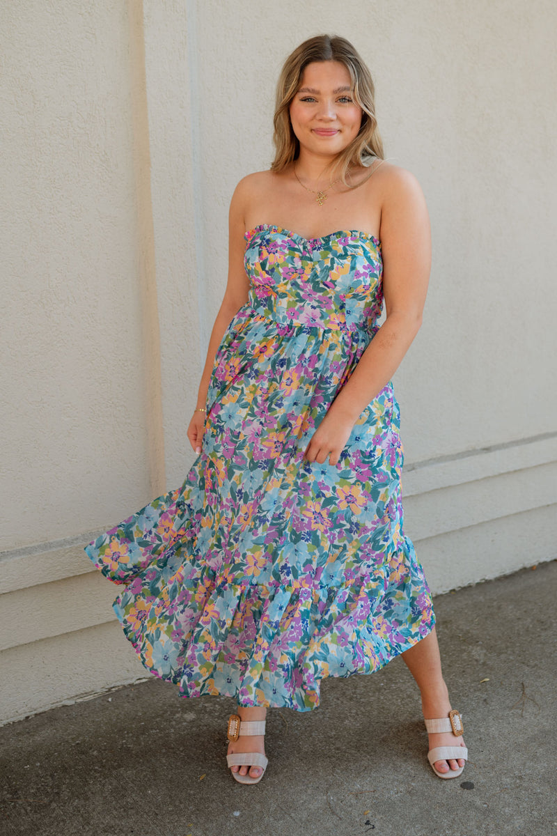 floral midi dress, colorful midi dress, blue midi dress, strapless dress, floral strapless dress