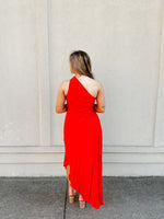 One Shoulder Pleated Dress- Tomato