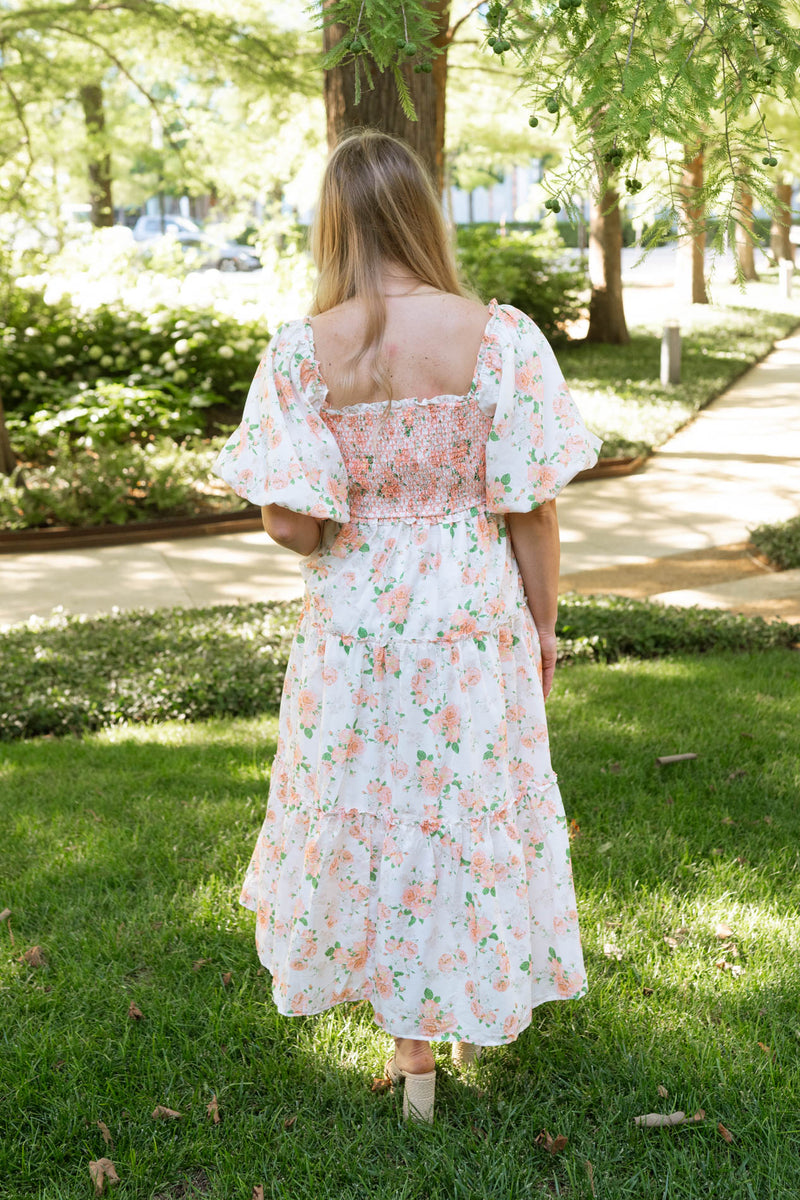 summertime long dress with ruched bodice