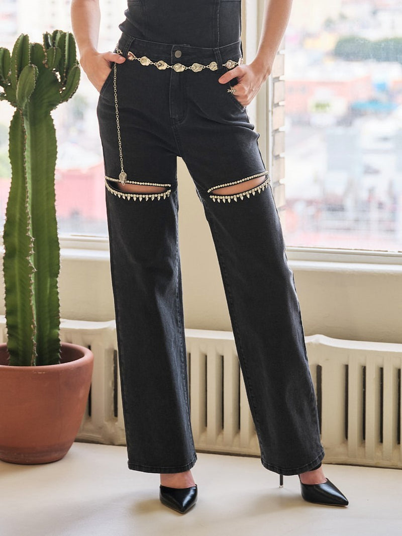 taylor swift super bowl  outfit black rhinestone front cut out denim pant