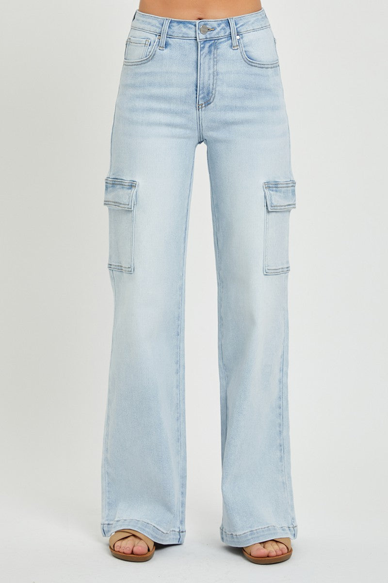 High Rise Cargo Jeans - Light Blue