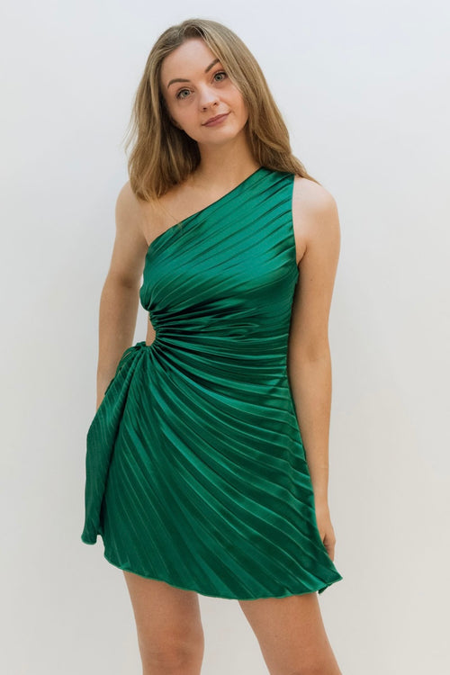 hunter green pleated one shoulder dress