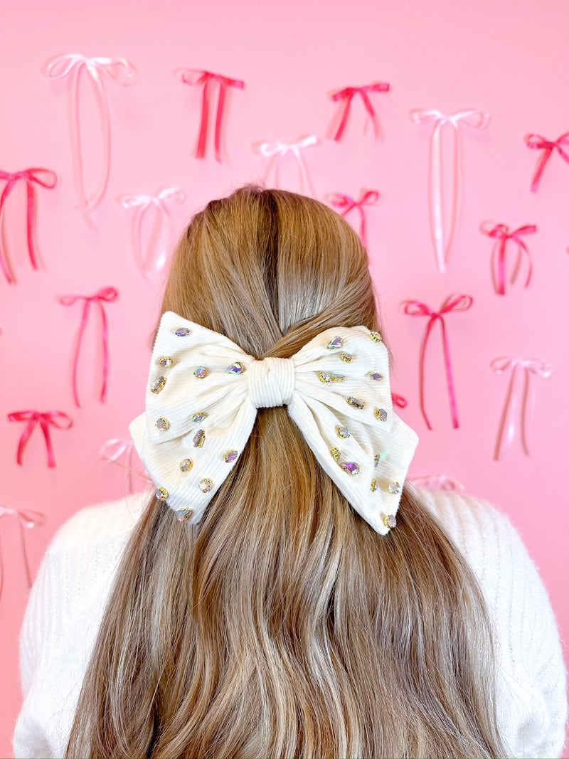 Large Corduroy Hair Clip Bow - Ivory