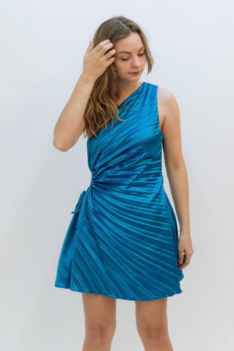 aqua blue pleated one shoulder dress