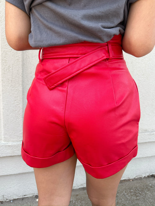 Laylee Faux Leather Belt Shorts - Red