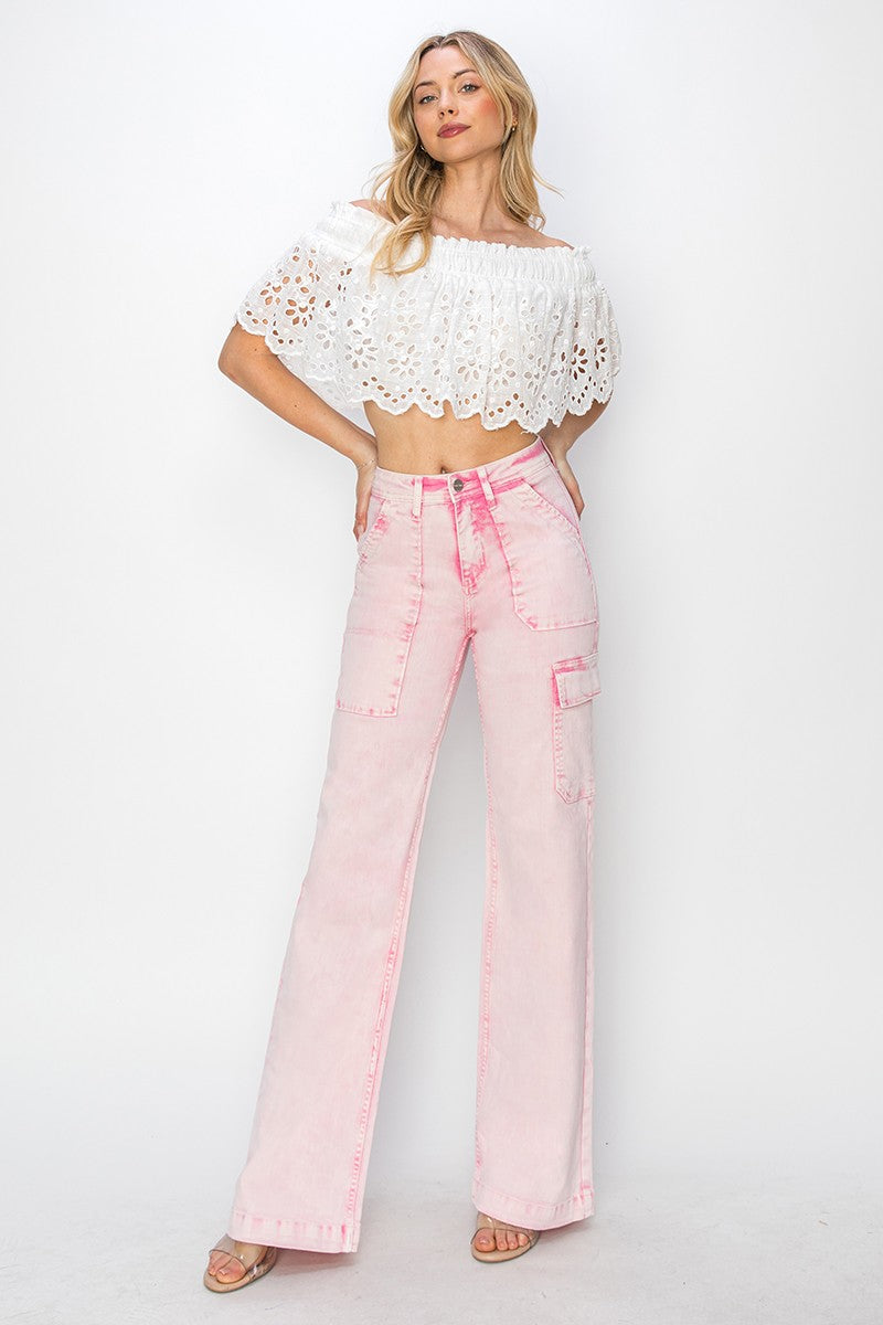 cute light pink denim outfit high rise pants