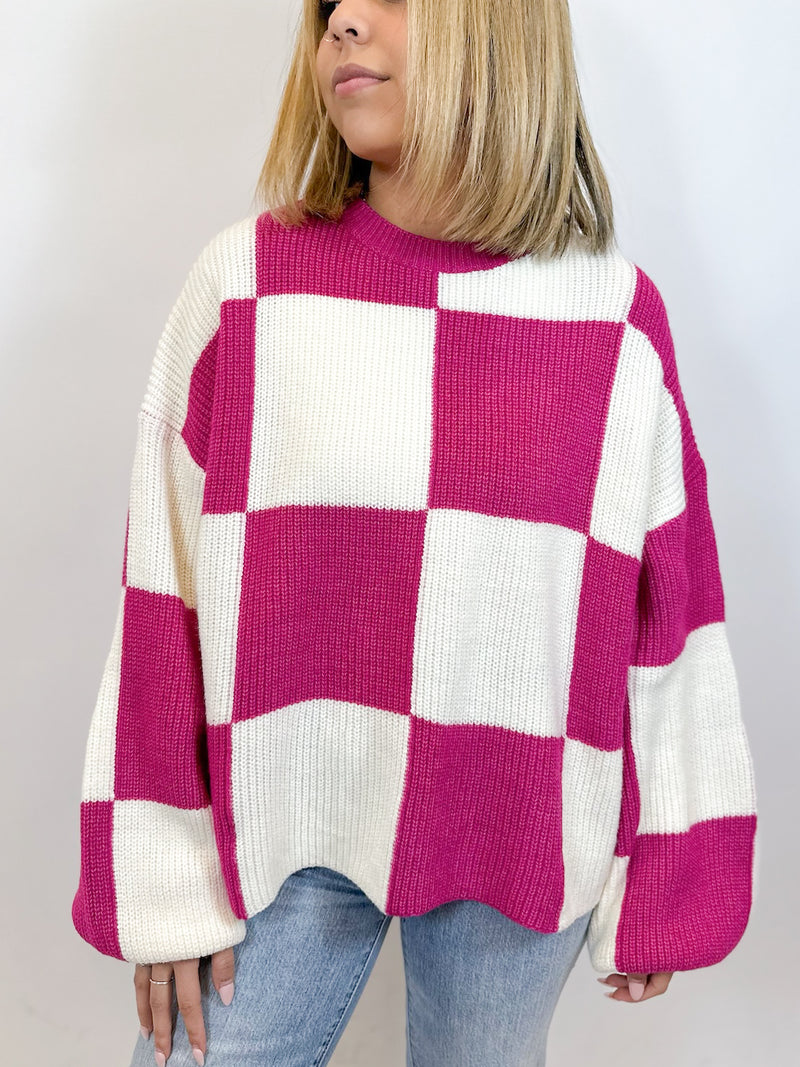 Taylor Checkered Sweater- pink