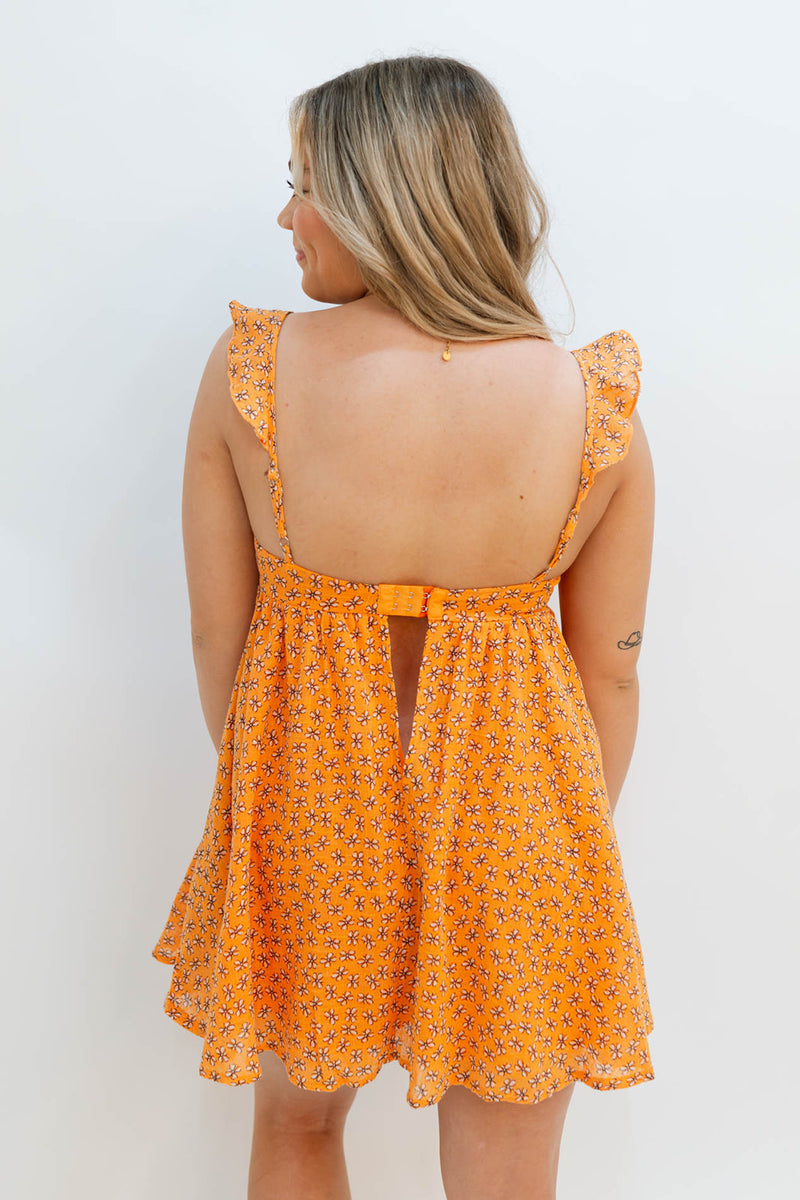 spaghetti strap orange floral mini dress  