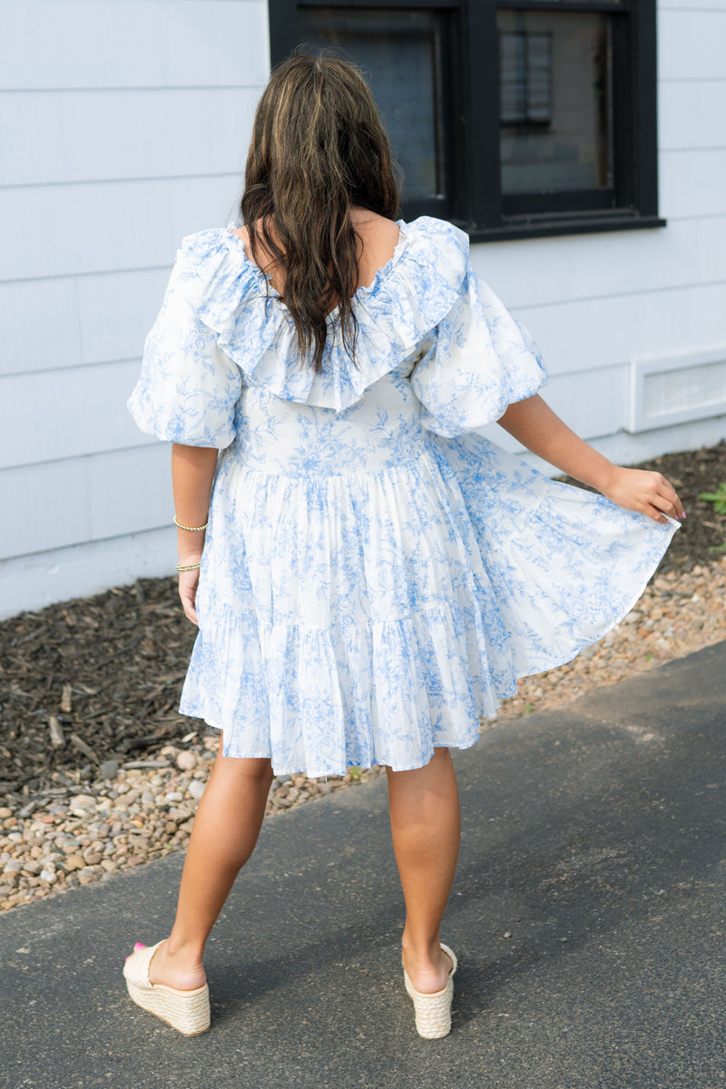 Fancy Coastal Balloon Sleeve Dress - Blue