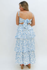 Blue and white floral maxi dress for wedding guests