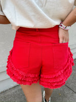 Tiered Raw Hem Shorts - Red