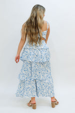 Women dress Long maxi tiered floral dress in blue and white color  