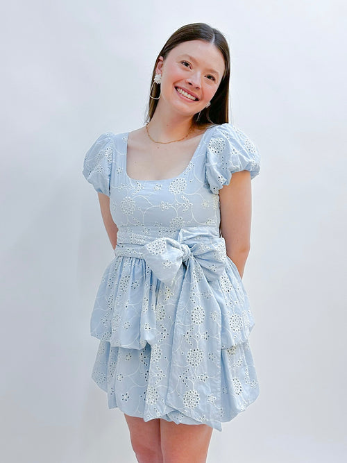 Lydia Eyelet Mini Dress, Bow blue mini dress 