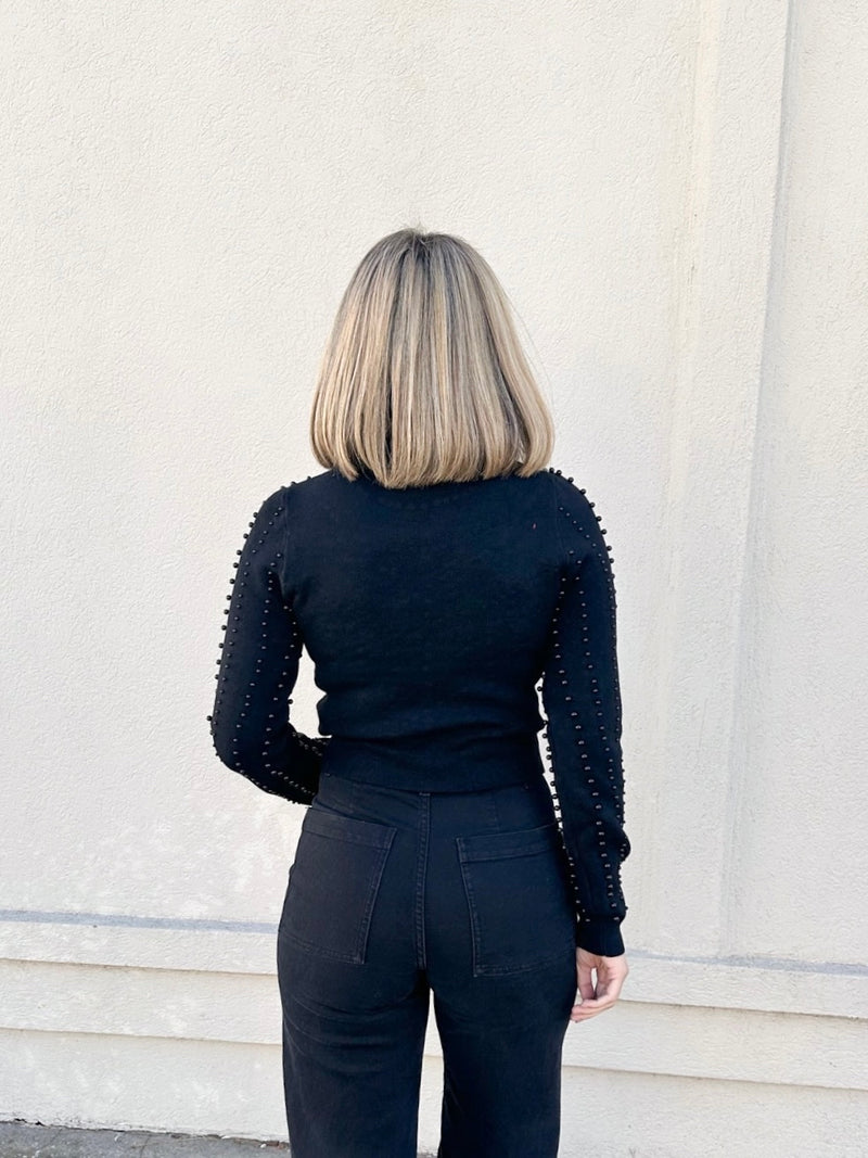Embellished Pearl Sweater Top - Black