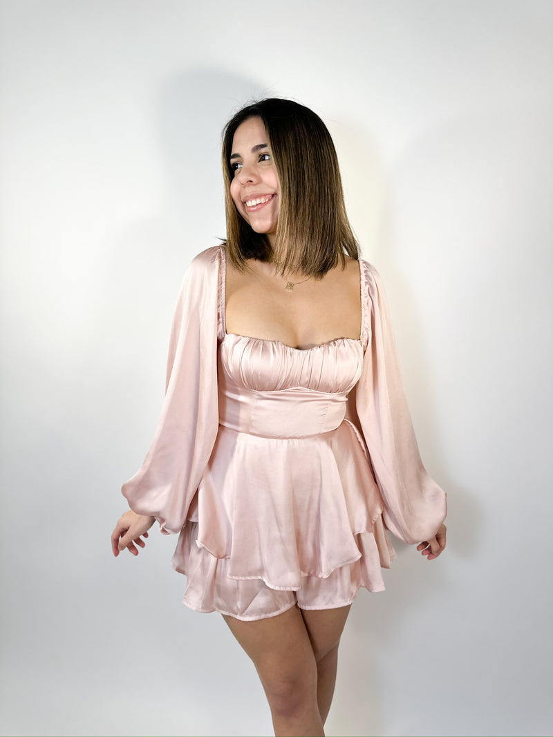 Arianna Balloon Sleeve Romper - Blush