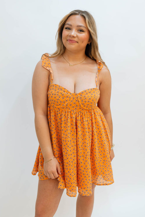 summer floral orange babydoll mini dress