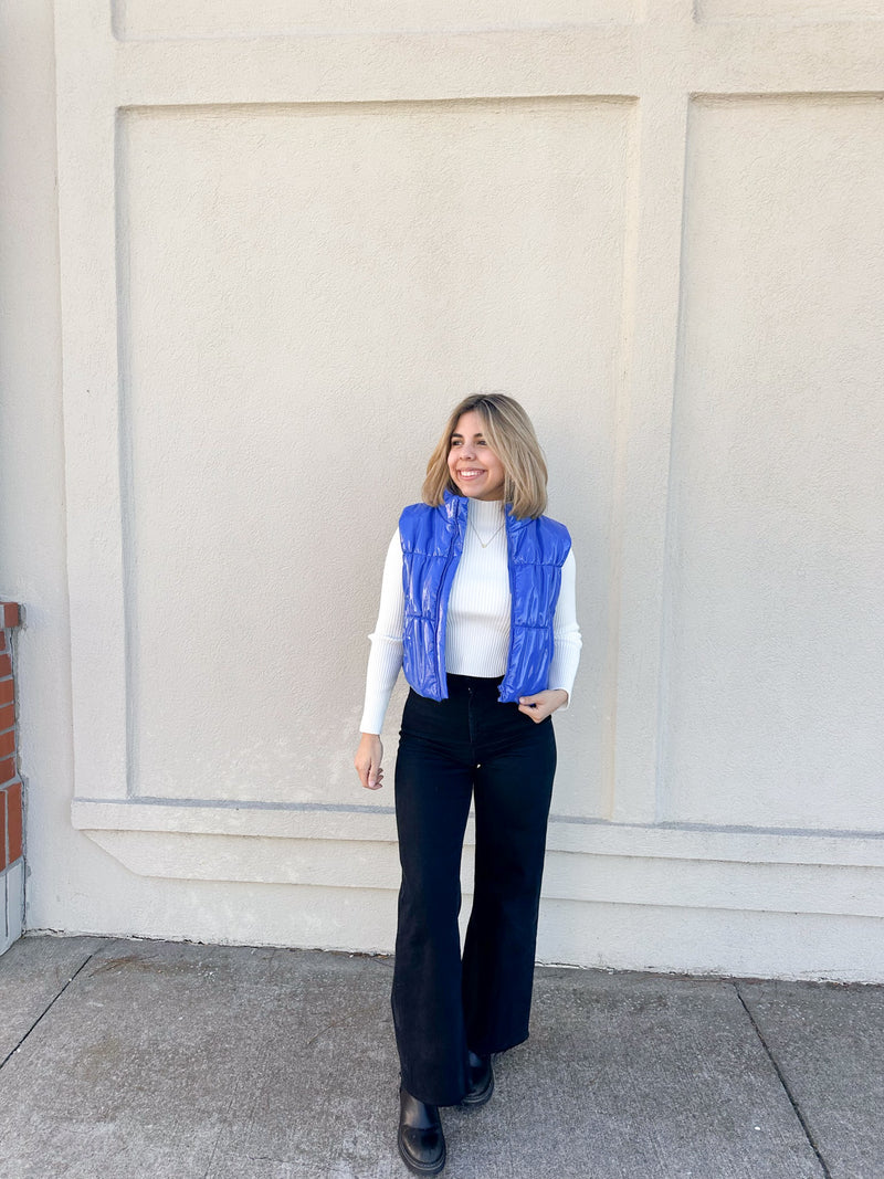 Glossy Pu Puffer Zip Up - Blue
