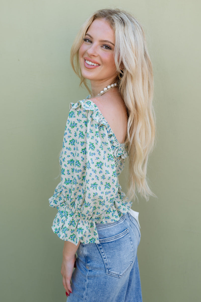 blue and green floral puff sleeve top