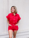 Patton Distressed Denim Romper- Red