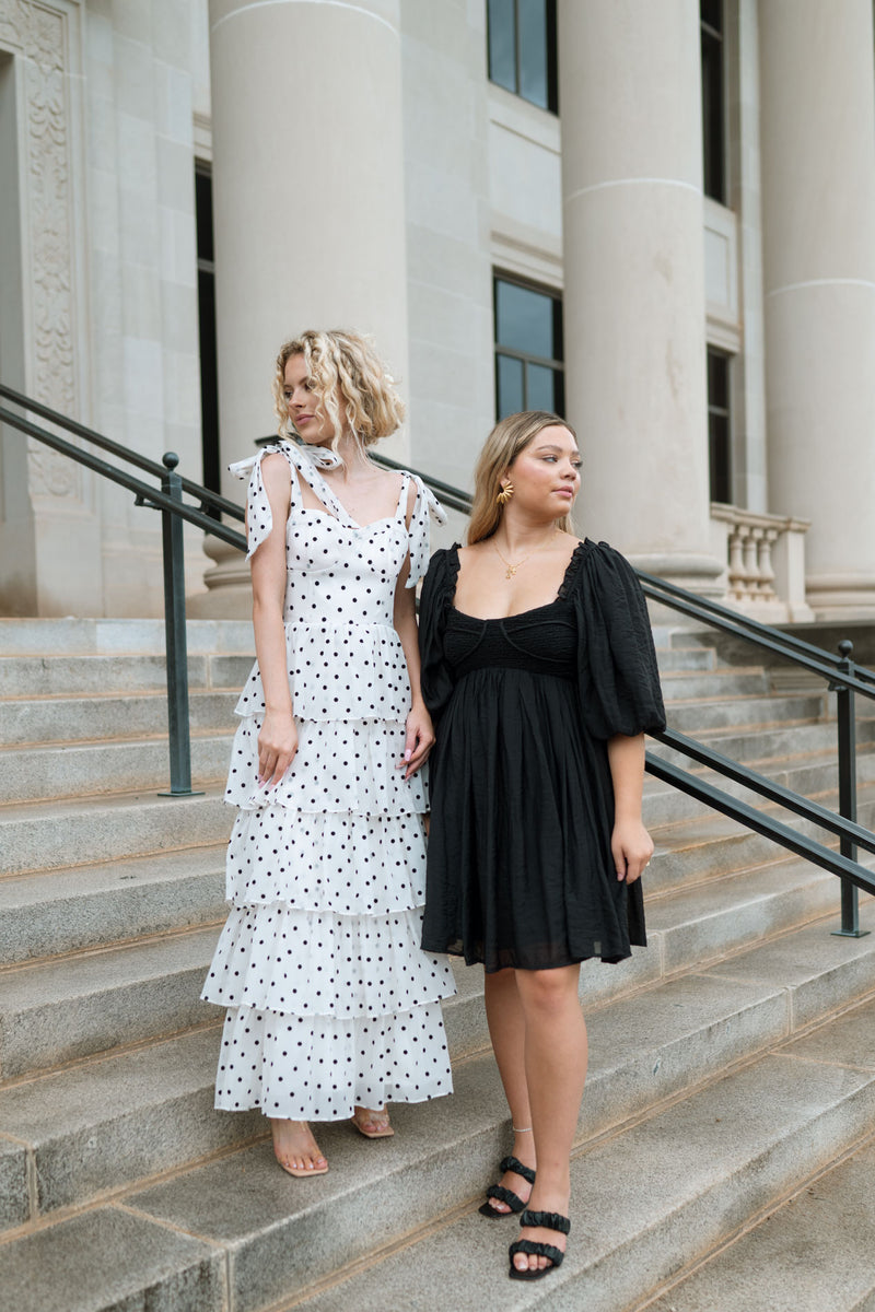 Versatile, Sophisticated, Classic black and white color co ordinated dress outfit polka dot