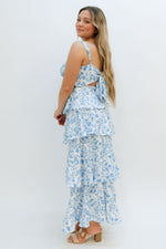 Pretty elegant long maxi dress in blue and white floral for senior pictures, wedding guest outfits