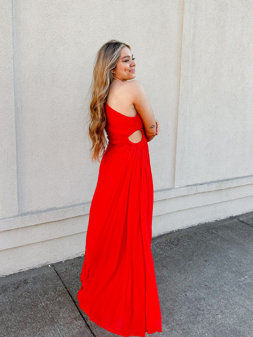 One Shoulder Pleated Dress- Tomato