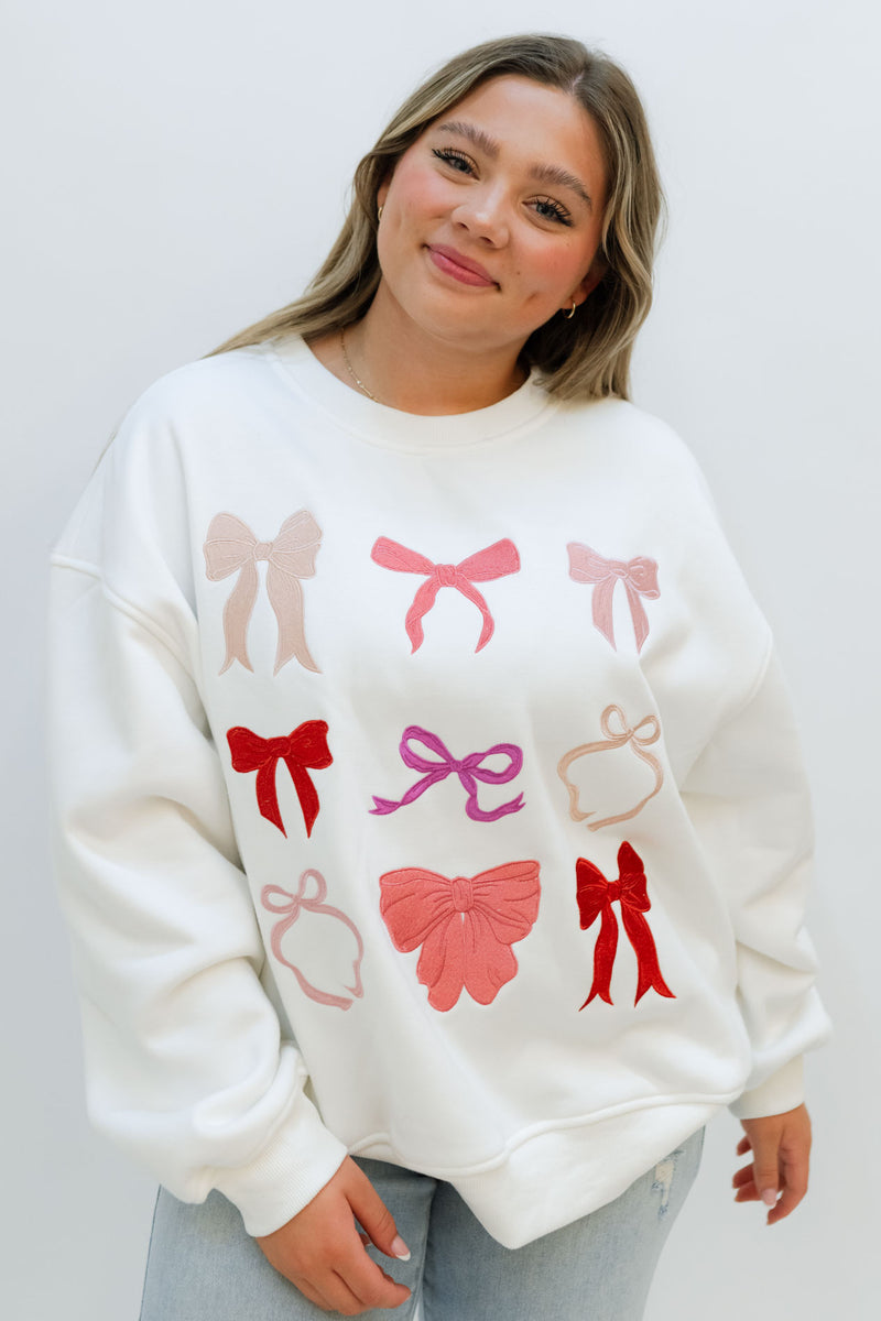 Women sweatshirts with cute embroidered bows white sweatshirts long sleeve