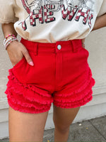 Tiered Raw Hem Shorts - Red