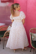 pretty pink and white midi dress with dainty florals