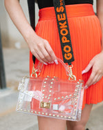 Clear stadium approved bag with diamond studded orange black go pokes beaded bag strap