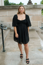 dark black puff sleeve mini dress Understated, Graceful, Refined