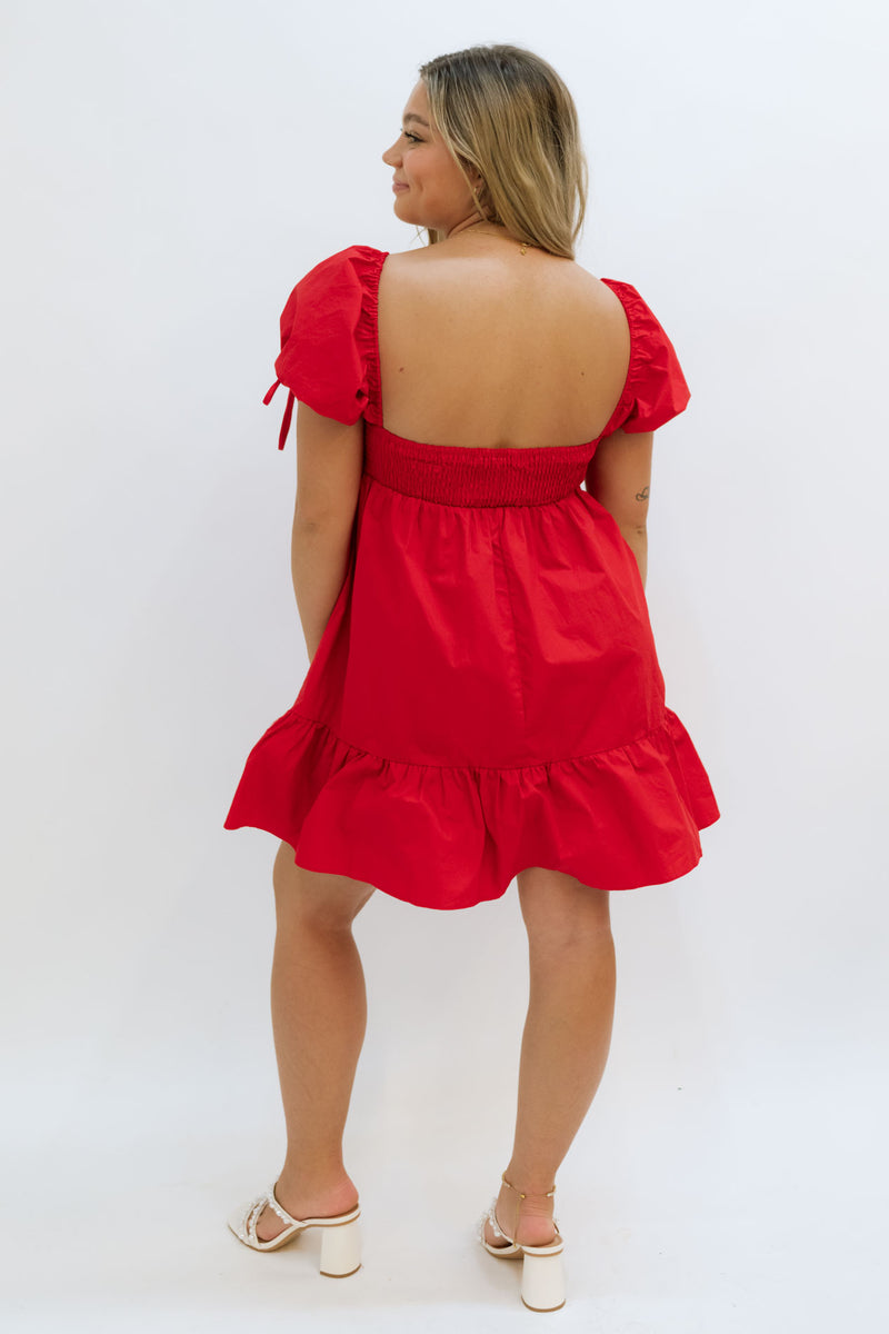 square open back red dress