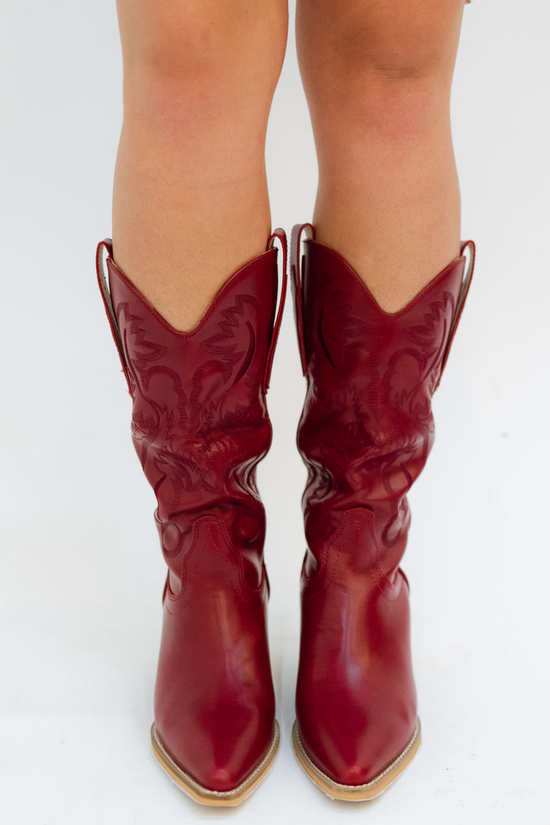 Fall western boots in crimson dark deep red wine fall boots for game day