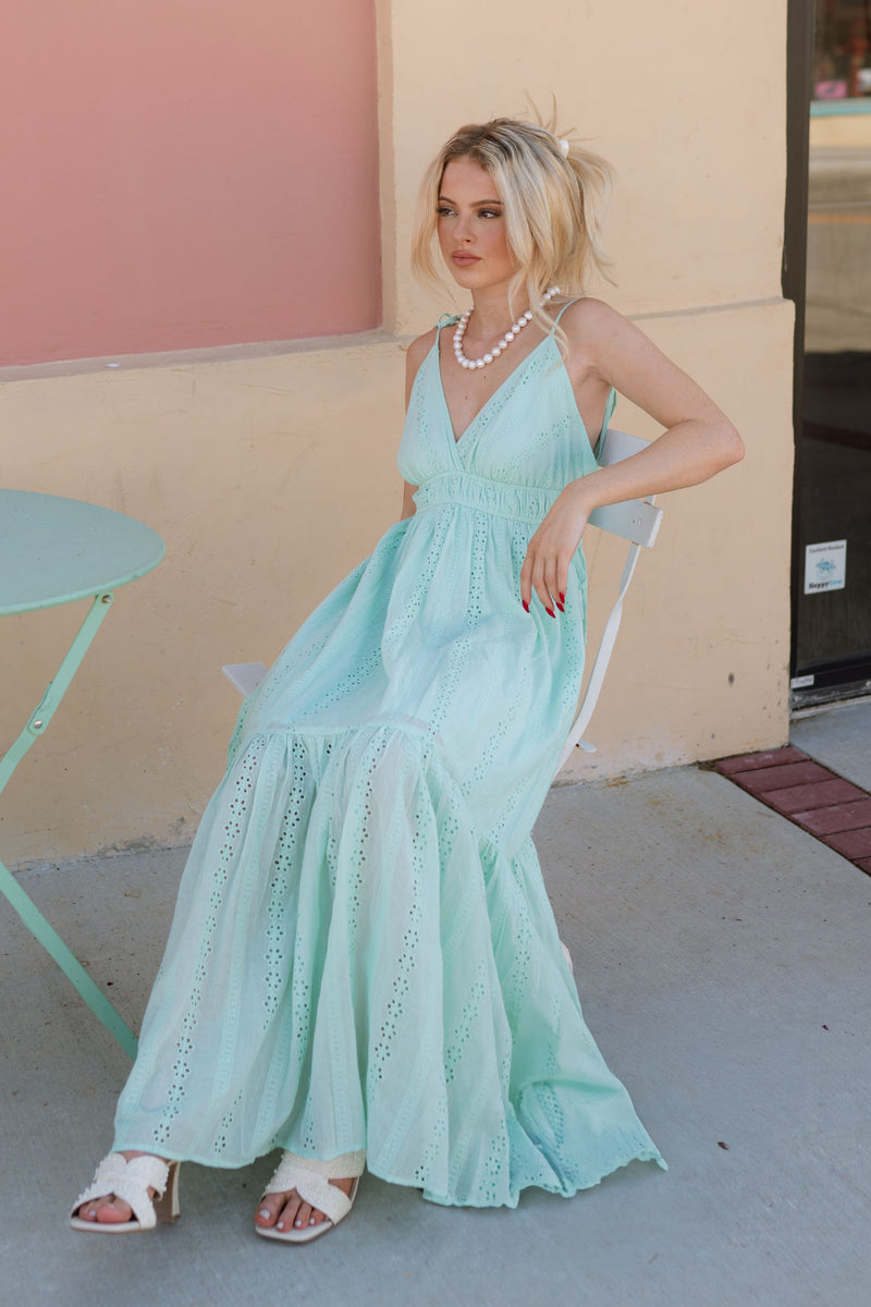 seafoam maxi dress with eyelet details