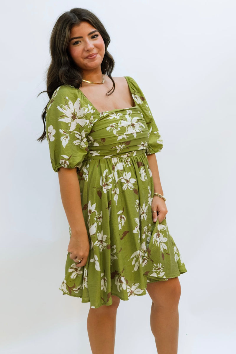 puffy sleeves olive dress