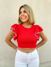 Lana Ruffle Sleeve Cropped Top - Red