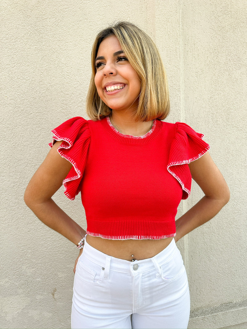 Lana Ruffle Sleeve Cropped Top - Red