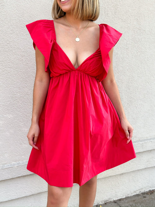 Julia Ruffle Poplin Mini Dress - Red