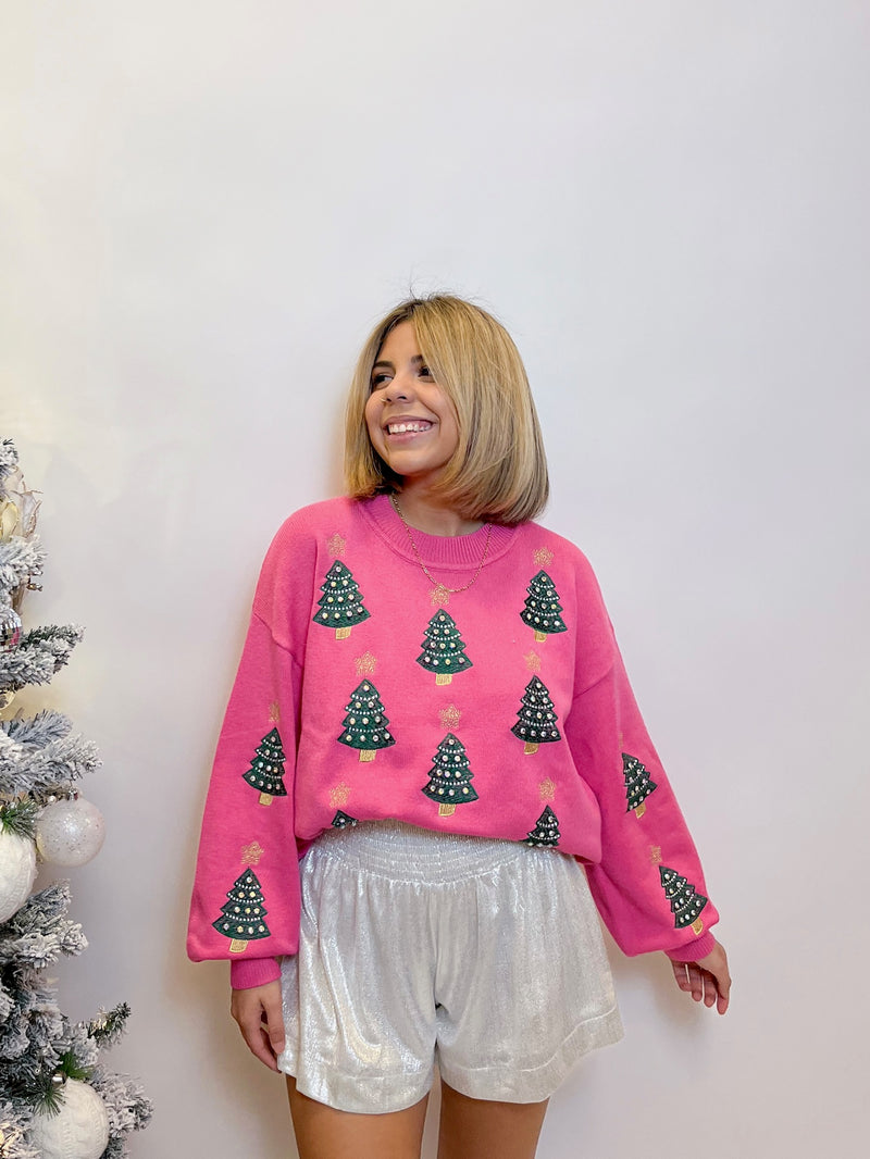 All Over Christmas Tree Sweater - Pink