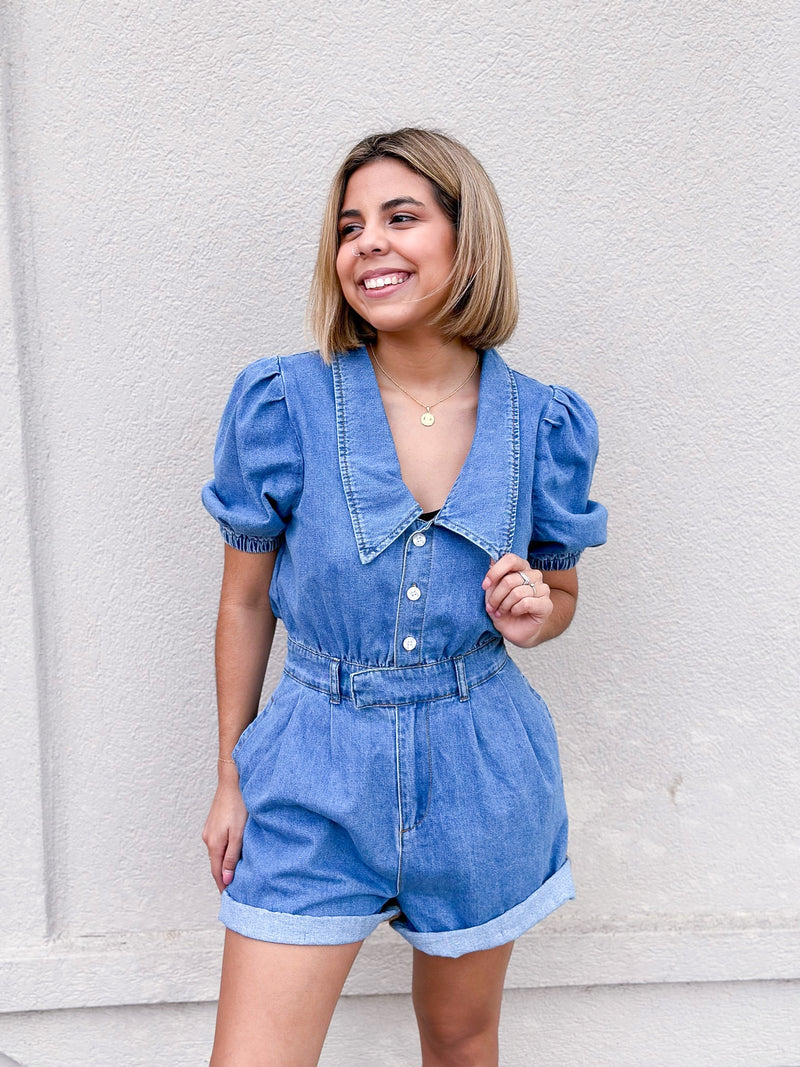 Puff Sleeve Denim Romper