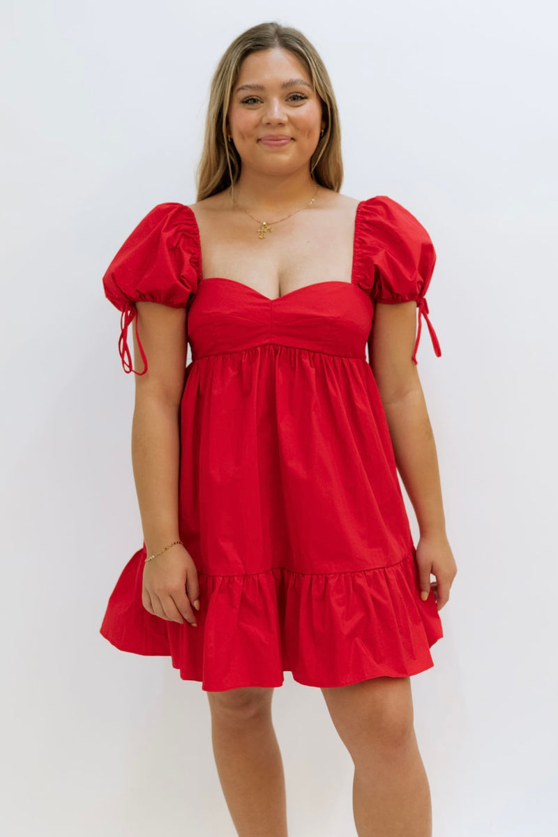 red puffy sleeve dress