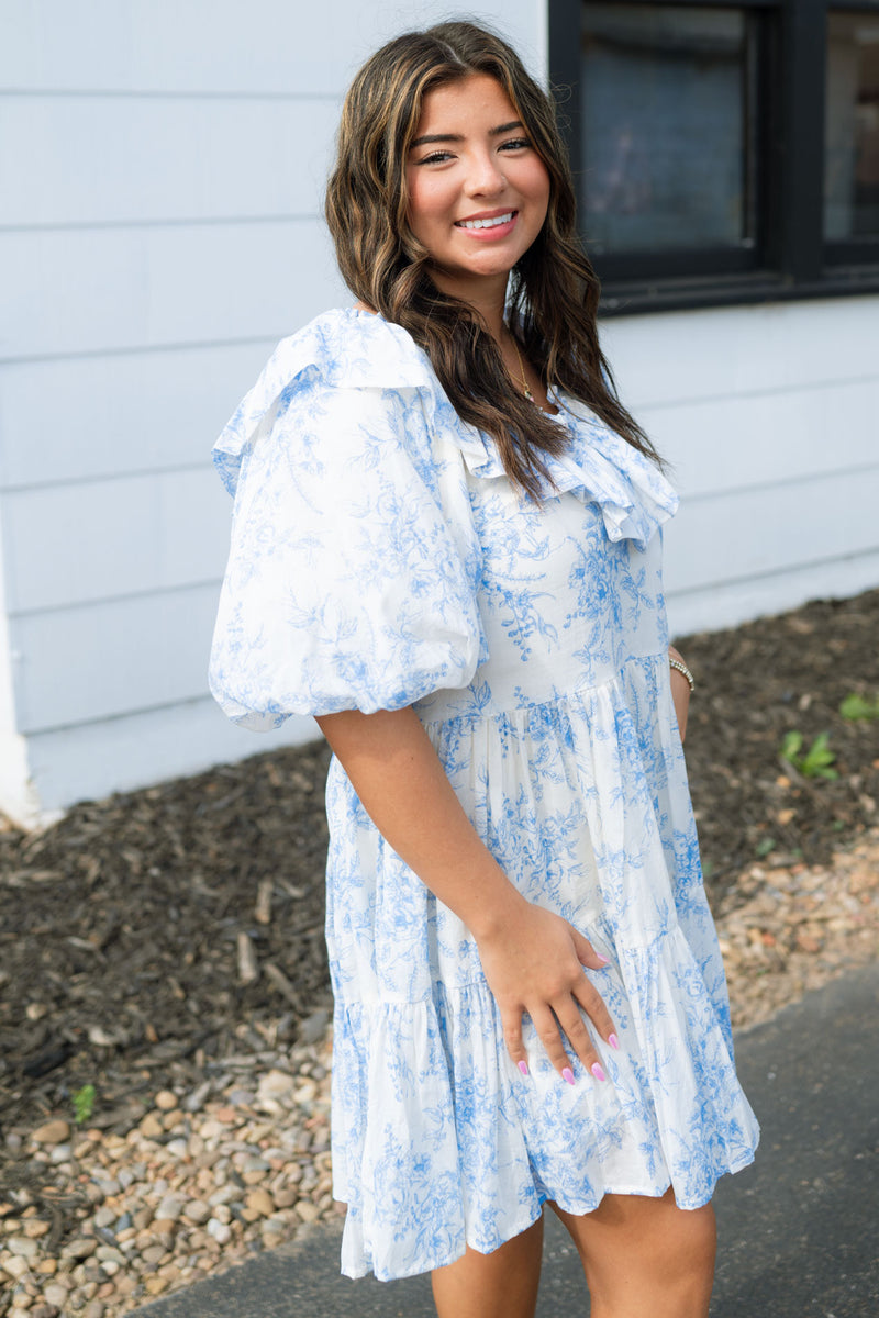 Fancy Coastal Balloon Sleeve Dress - Blue