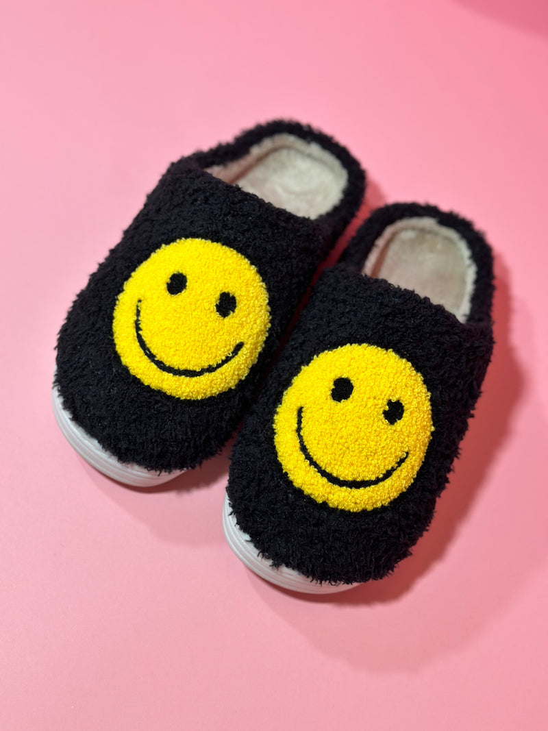 Smiley Fuzzy Slippers - Black