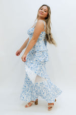 Spring summer wedding guest maxi midi dress in blue and white 