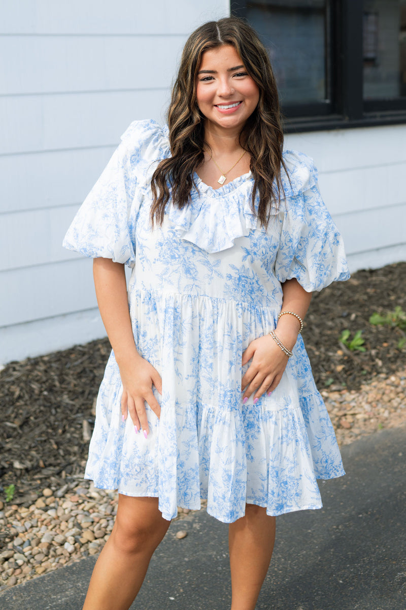 Fancy Coastal Balloon Sleeve Dress - Blue