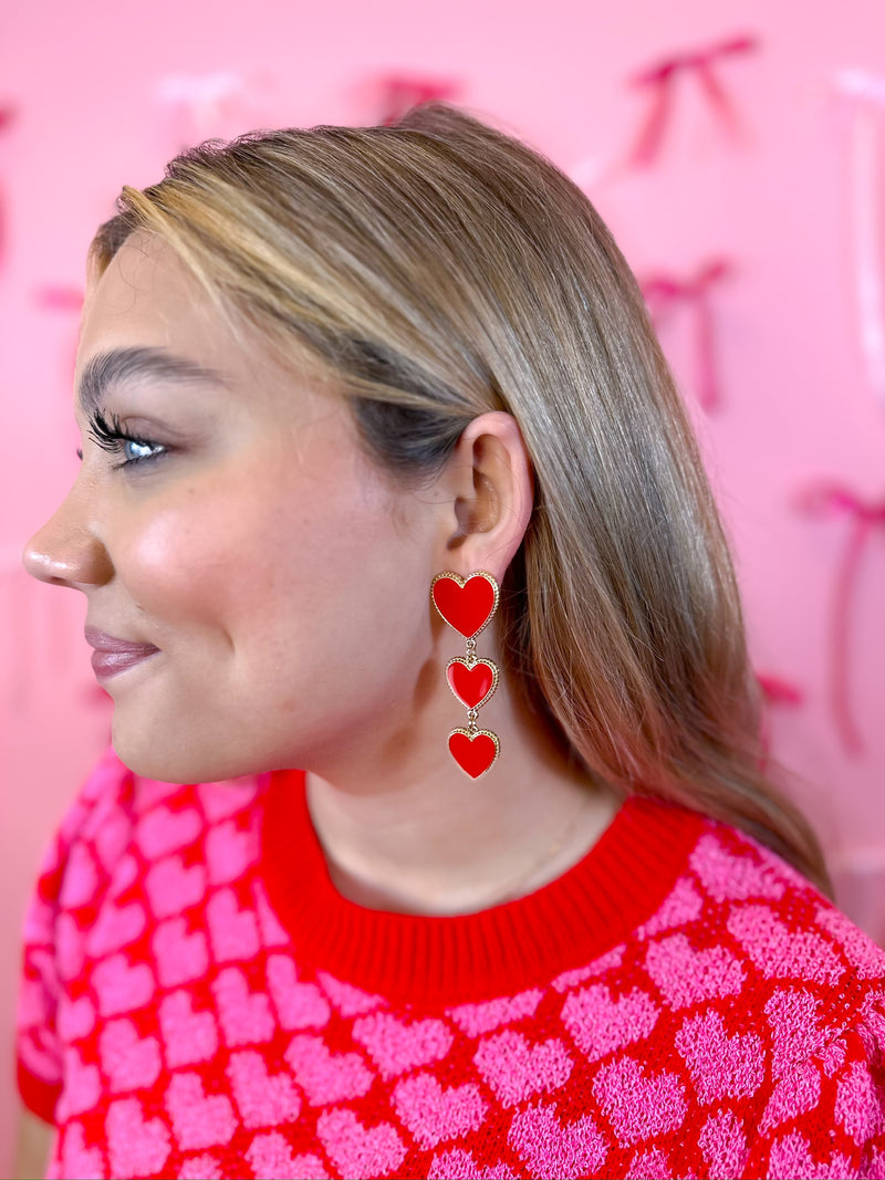 3 Tiered Heart Earring - Red