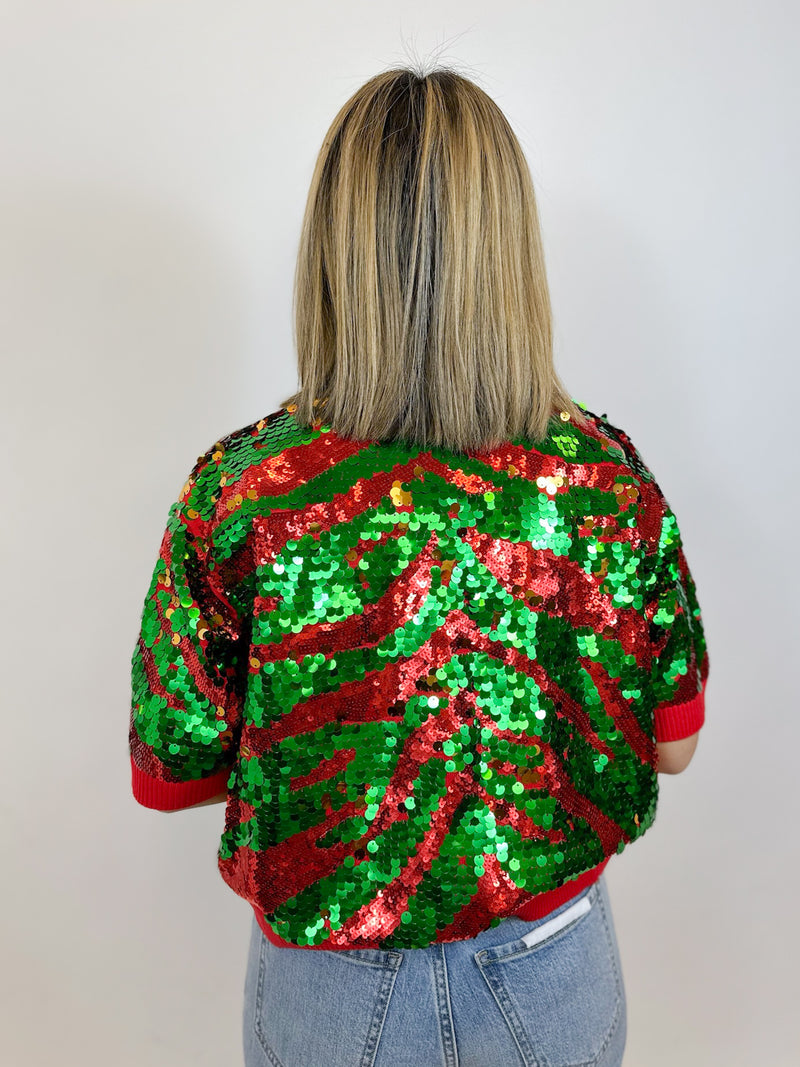 [Queen of Sparkles] Festive Sequin Tiger Print Sweater